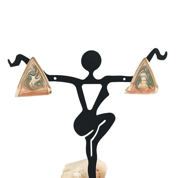 Vintage 80s Curl Triangle Peach & Green Enamel Swirl Gold Tone Pierced Earrings - Picture 5 of 11